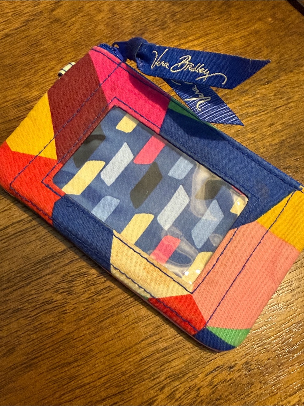 Vera Bradley Multicolor Geo Pattern ID Card Wallet with Blue Zip Pull